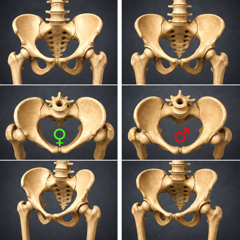 image comparative pelvis femme et homme (face, vue de haut, léger profil (15-20°))